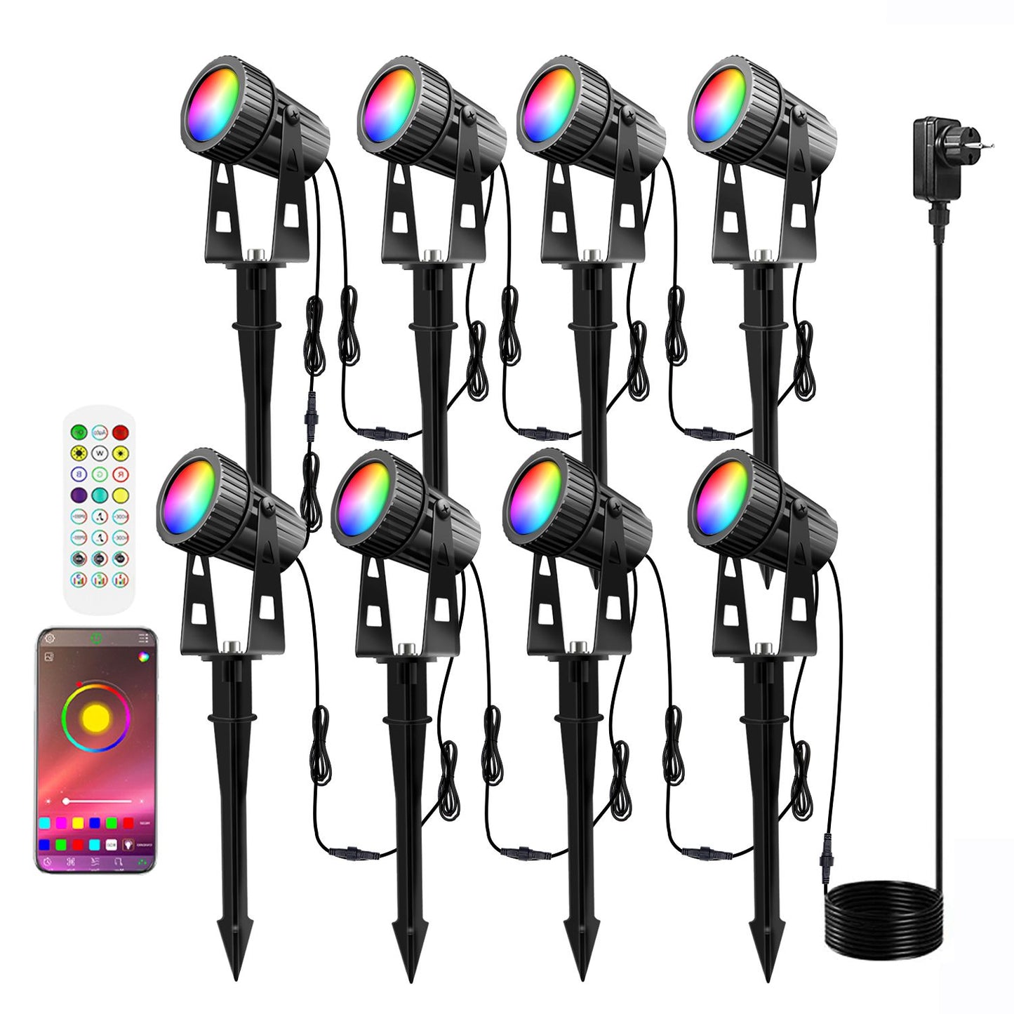 8er LED Gartenstrahler RGBW mit Bluetooth APP Timer, LED Gartenleuchte RGB+Warmweiß COB LED Gartenbeleuchtung mit Erdspieß mit Fernbedienung Gartenlampe IP65 Wasserdicht 12V 24W für Außen Garten Rasen