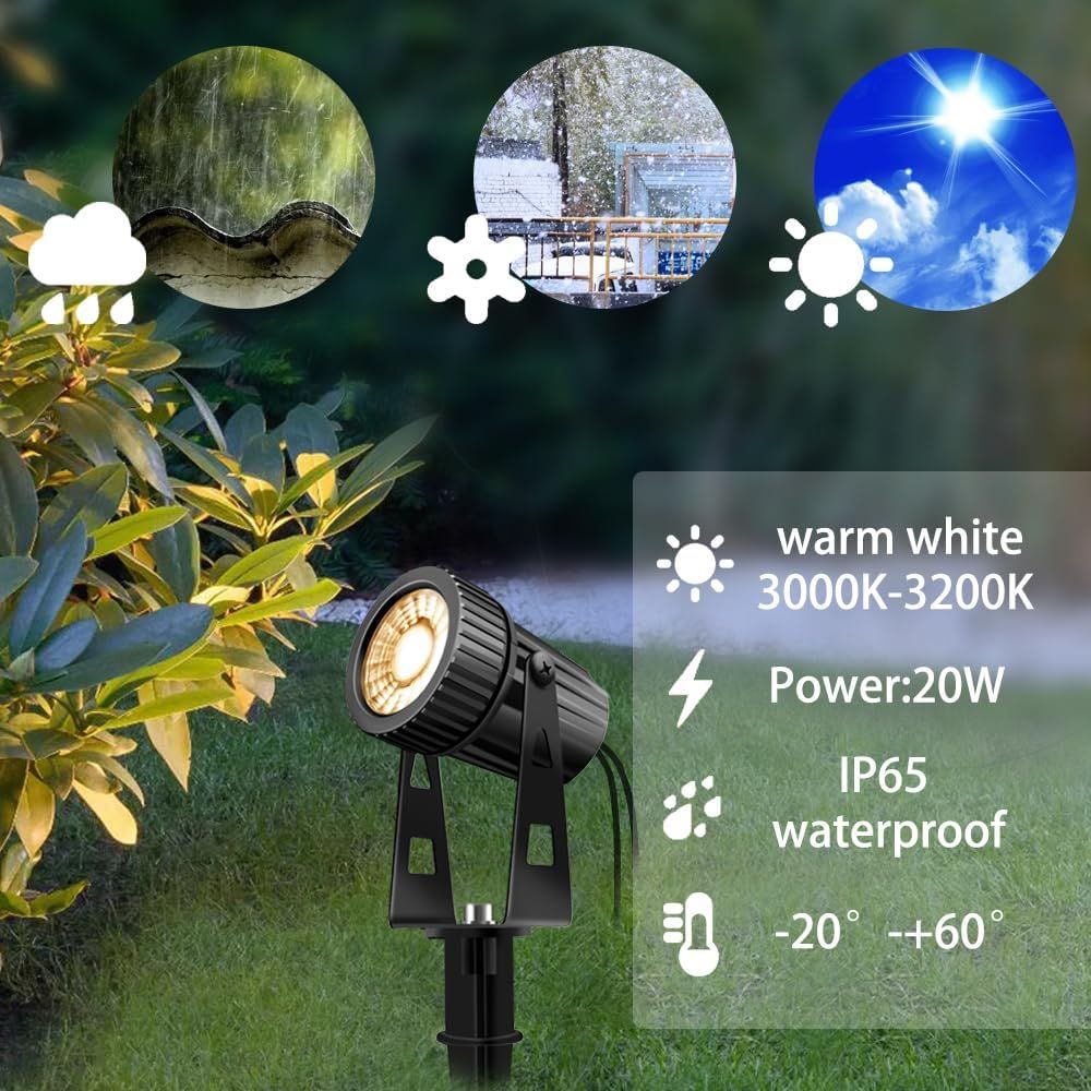 Lam(MS)pen Gartenleuchte LED Gartenstrahler Warmweiß COB LED Gartenleuchtung mit Erdspieß Gartenlampe für Außen Garten Rasen Baum, 12V 20W Alu IP65 Wasserdicht