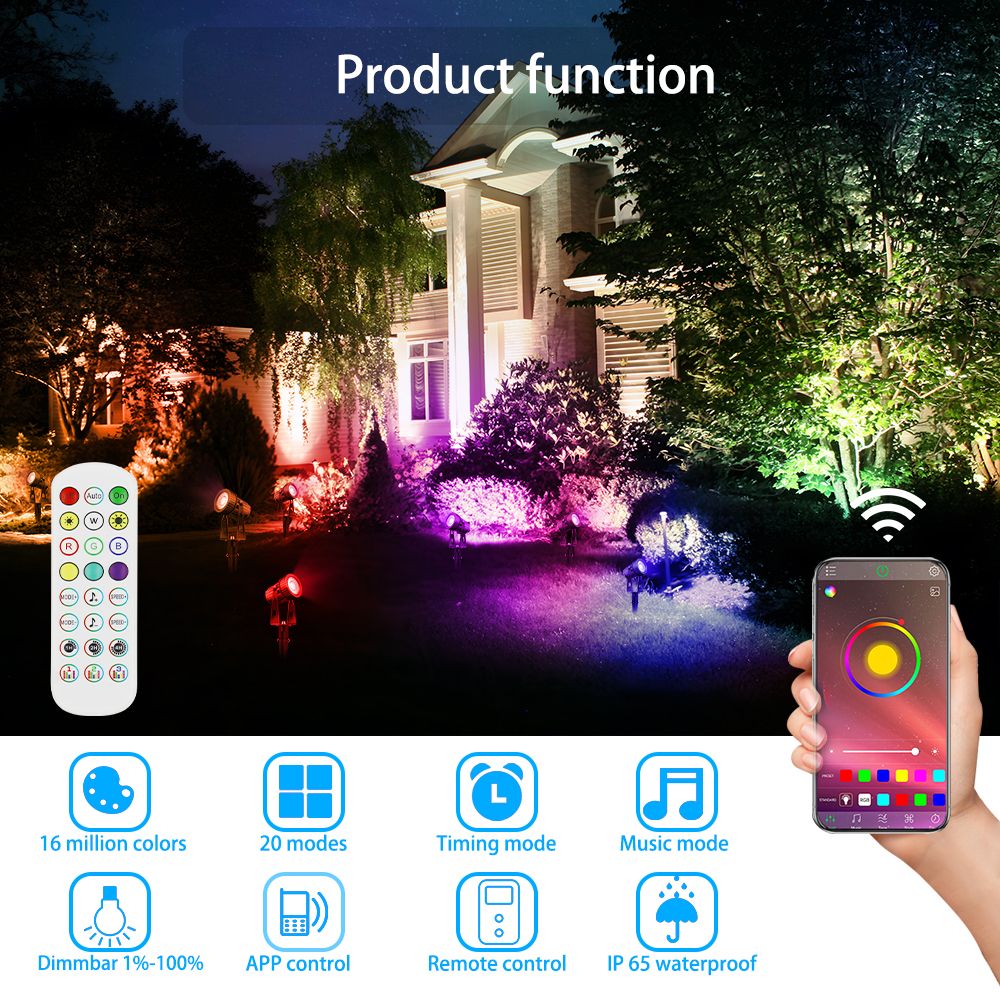 8er LED Gartenstrahler RGBW mit Bluetooth APP Timer, LED Gartenleuchte RGB+Warmweiß COB LED Gartenbeleuchtung mit Erdspieß mit Fernbedienung Gartenlampe IP65 Wasserdicht 12V 24W für Außen Garten Rasen