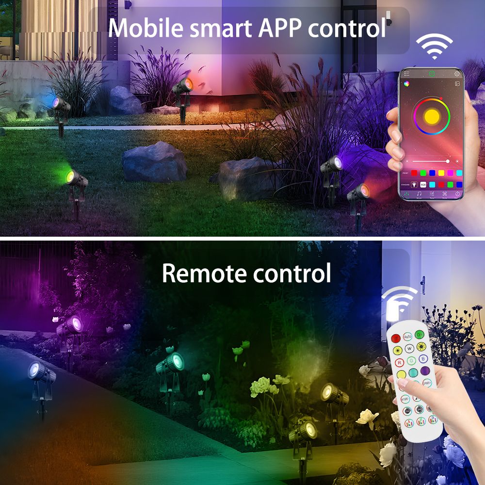 8er LED Gartenstrahler RGBW mit Bluetooth APP Timer, LED Gartenleuchte RGB+Warmweiß COB LED Gartenbeleuchtung mit Erdspieß mit Fernbedienung Gartenlampe IP65 Wasserdicht 12V 24W für Außen Garten Rasen